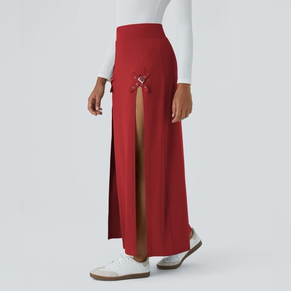 Halara High Waisted Decorative Buckle Split 2-in-1 Maxi Casual Skirt Sz XL Rust - Picture 3 of 8